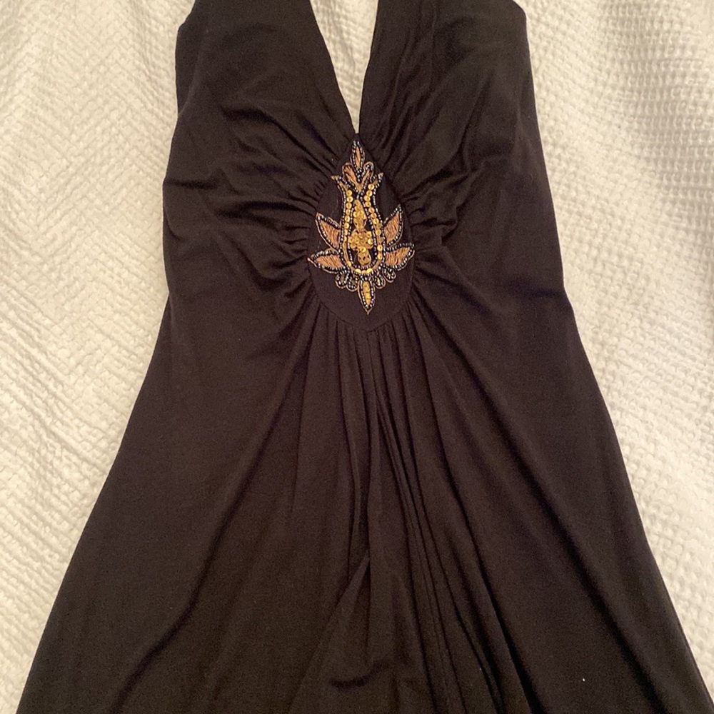 Sexy, black, deep V neck, halter dress.